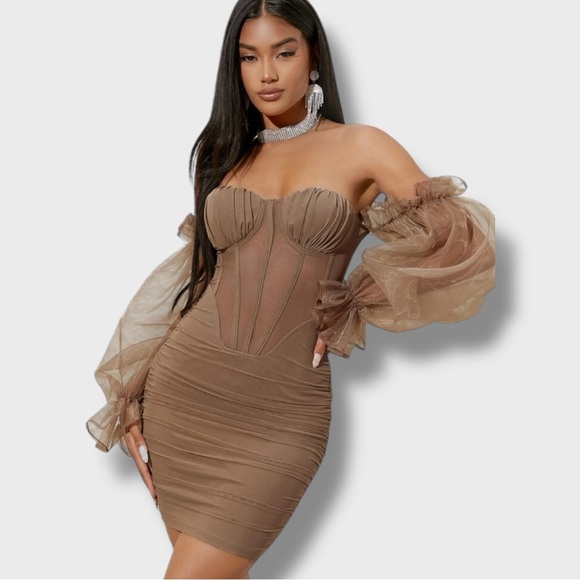 Dresses & Skirts - Elegant Brown Off-Shoulder Dress- (S)